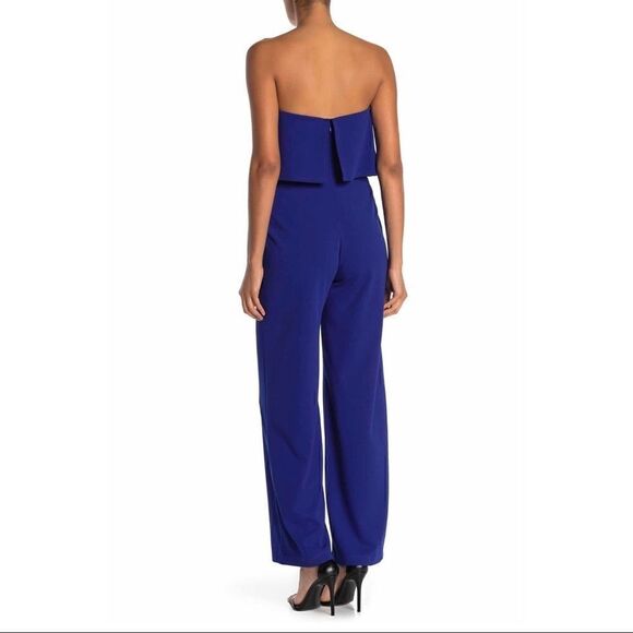 Bebe | Strapless V-Notch Crepe Jumpsuit | Blue - Picture 2 of 5